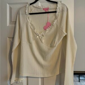 NWT Sugar Thrillz Cream Lace Bow Long Sleeve Top